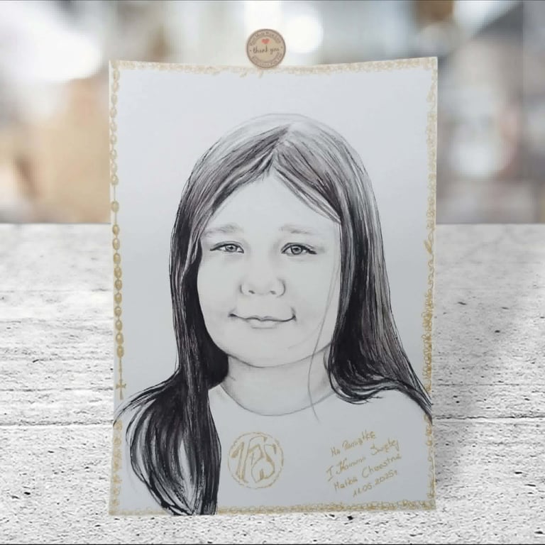 Pencil sketch portrait of a young girl with long straight hair and a gentle smile, attached to a surface with a small pin