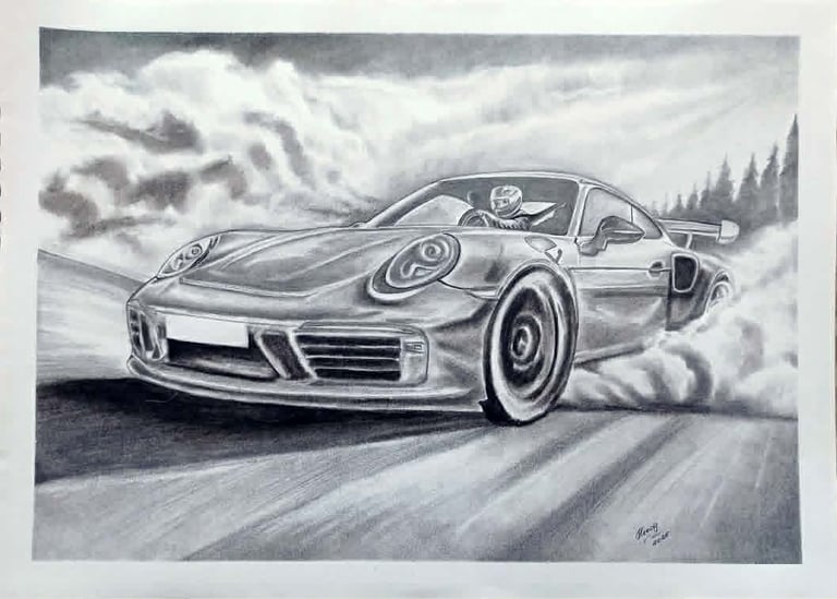 Pencil sketch of a Porsche sports car driving on a snowy mountain road with evergreen trees in background