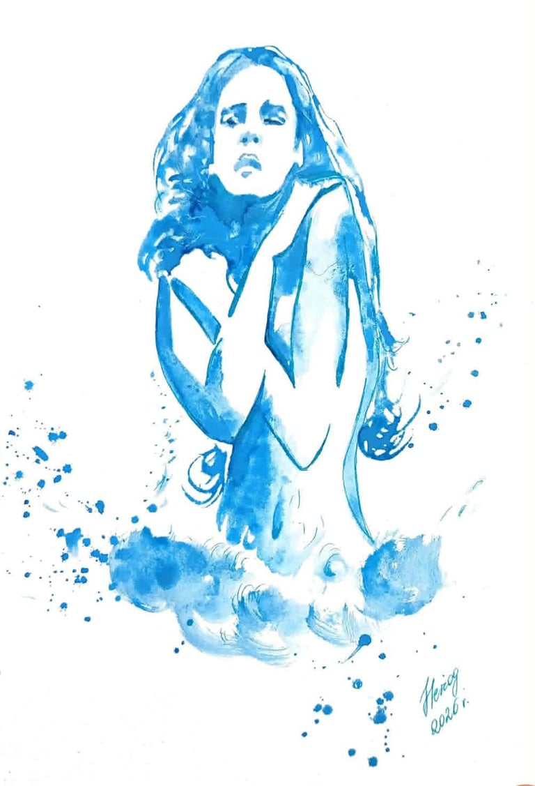 Blue watercolor portrait of a woman with long flowing hair, rendered in splattered and flowing ink wash style
