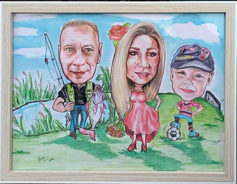 Caricature artwork of three family members in a frame: a man with fishing rod, woman in pink dress, and child with soccer ball in outdoor setting