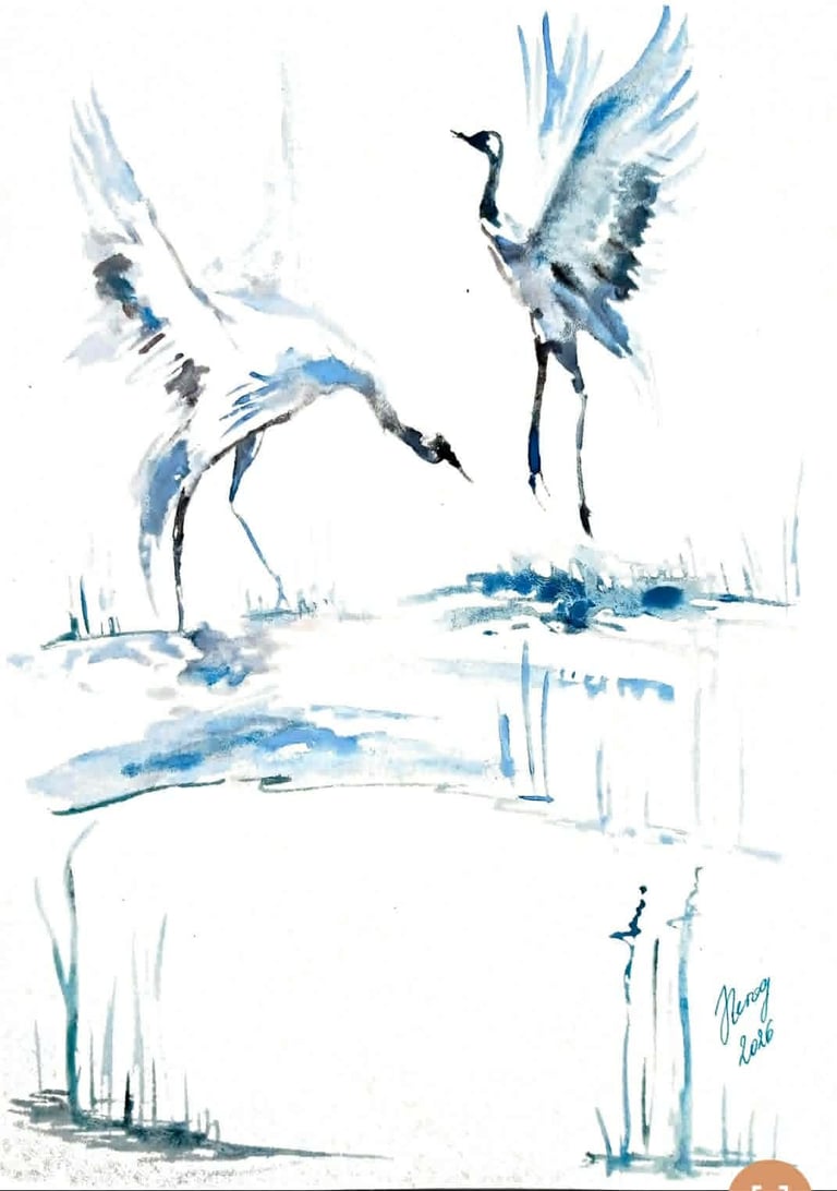 Watercolor painting of two cranes with outstretched wings in blue tones, standing near water with marsh grass