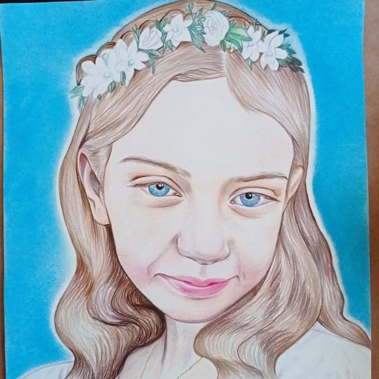 Portrait illustration of a girl with long wavy brown hair, blue eyes, and a white flower crown on a bright blue background