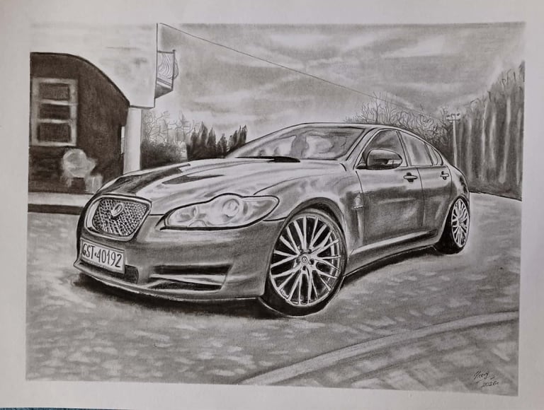 Detailed pencil drawing of a luxury sedan parked on a residential driveway with trees in the background