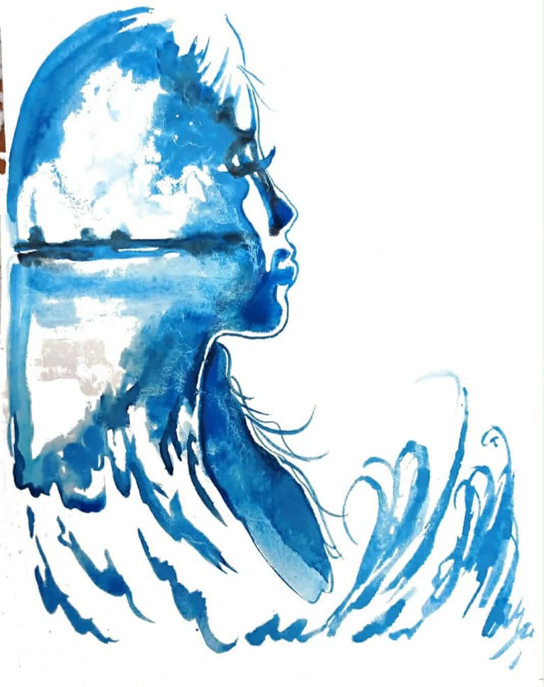 Profile silhouette of a womans head with flowing hair filled with blue watercolor ocean waves and water imagery