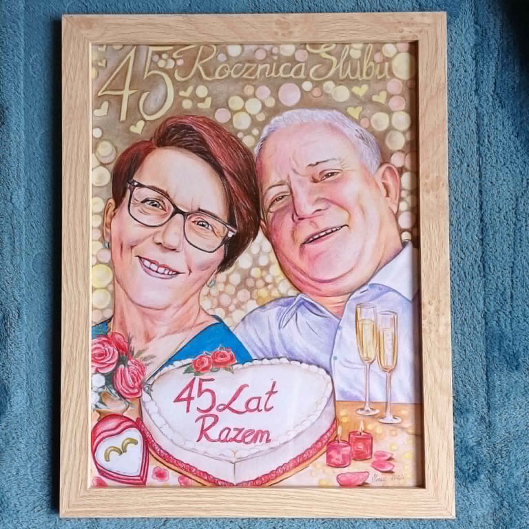 Framed 3D illustration of a smiling couple celebrating 45 years together with a heart cake and champagne glasses