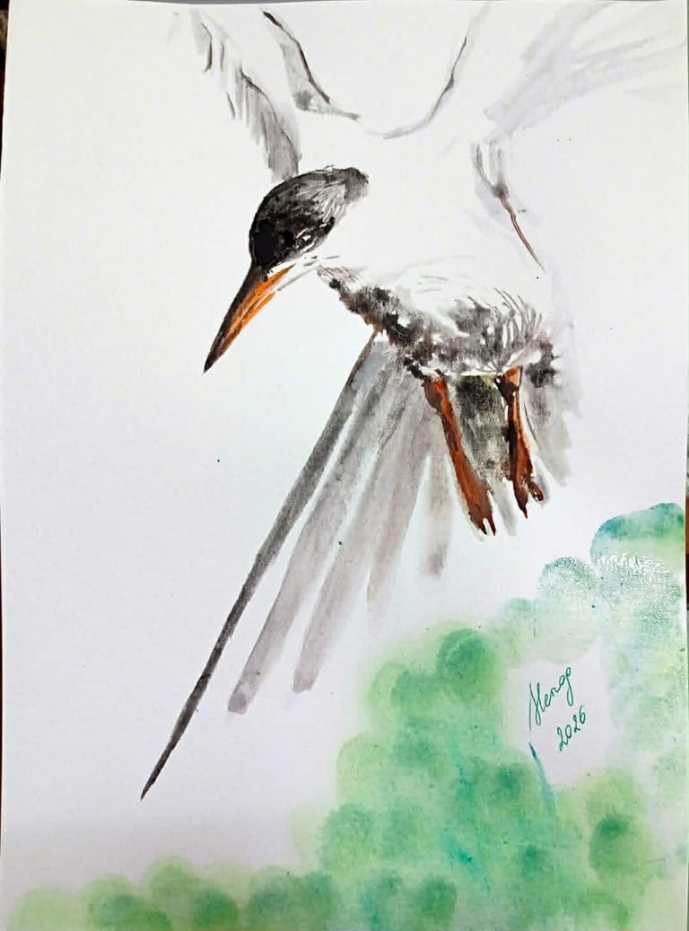 Watercolor painting of two elegant birds with long tail feathers, orange beaks, and black and white plumage, hovering above green foliage
