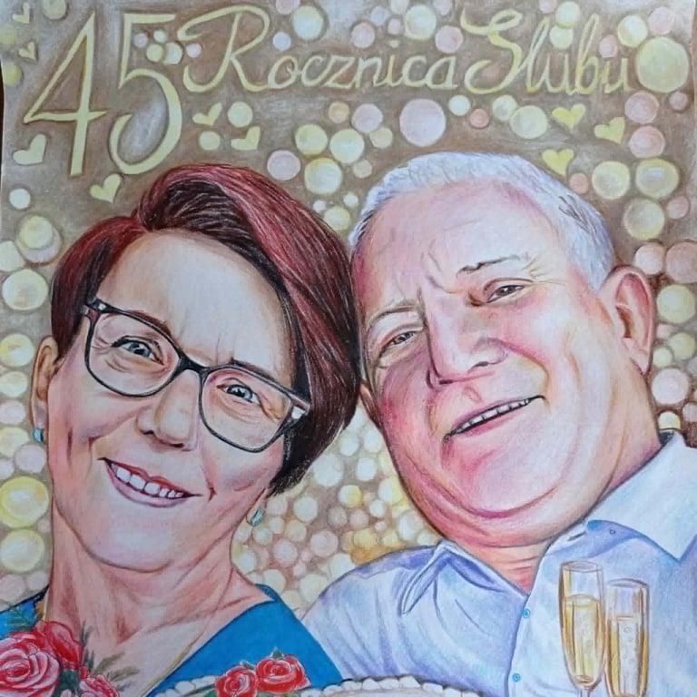 Illustrated portrait of a smiling couple celebrating 45th anniversary with champagne glasses and roses