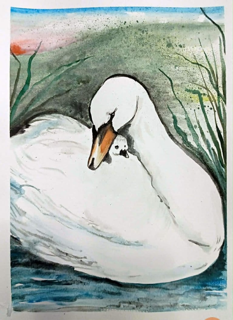 Watercolor painting of a white swan with orange beak swimming in blue water, surrounded by green reeds and pink flowers